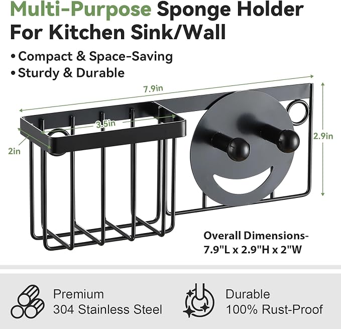 LANDNEOO [Space Saving] Sponge Holder for Kitchen Sink, Great for Scrub Daddy/Scrub Mommy Sponges, Rust-proof Sink Sponge Caddy Organizer for Dish Brush, Scrubber - with Suction Cups & Hooks, Black