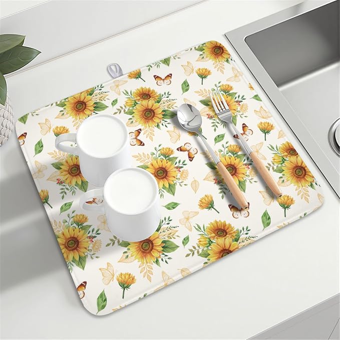 Sunflower Dish Drying Mat for Kitchen Counter Summer Yellow Floral Microfiber Dish Drainer Mat Rustic Farmhouse Absorbent Washable Drying Pad 16"x18"