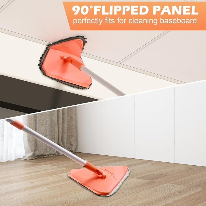 RONSUNG Wall Cleaner Mop, 82-Inch Handle, Baseboard Cleaner Tool, 4 Pads | Wall scrubber with long handle, triangle head, squeegee, and 4 pads for walls, ceilings, windows, baseboards, and floors