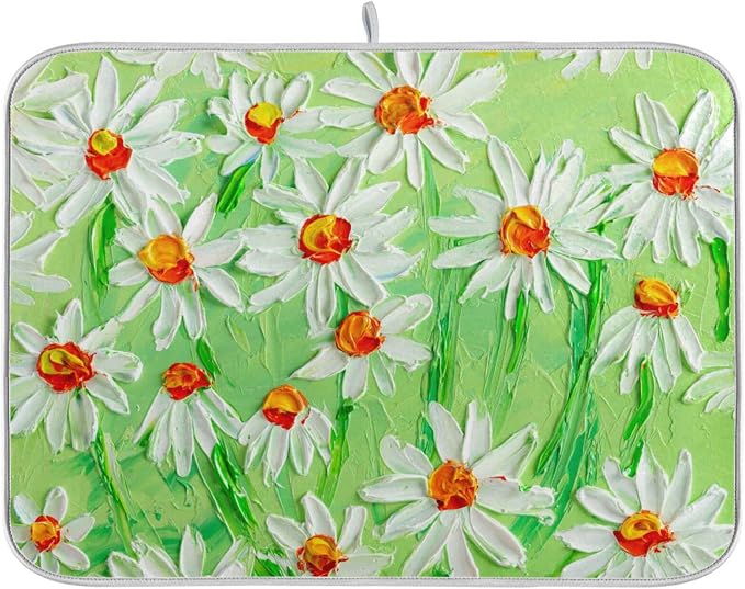 Absorbent Dish Drying Mat for Kitchen Counter - Green Sunflowers Oil Painting Microfiber Drying Pad, Reversible Drainer Mats for Countertop, Small 16 x 18 inch