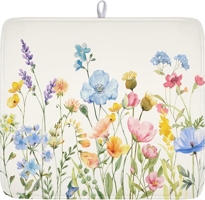 Botanical Floral Dish Drying Mat for Kitchen Counter 16x18 Inch | Wildflower，Polyester，Absorbent Microfiber，for Kitchen Coffee Dining Bar Decor