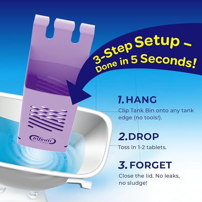 Toilet Tank Tablet Holder with Blue Toilet Bowl Tablets, 8.97 x 3.22 x 2.25 Inch Tablet Holder - Prevents Flapper Jams & Residue, Extends Life of Drop-In Cleaner Tablets (1+6)