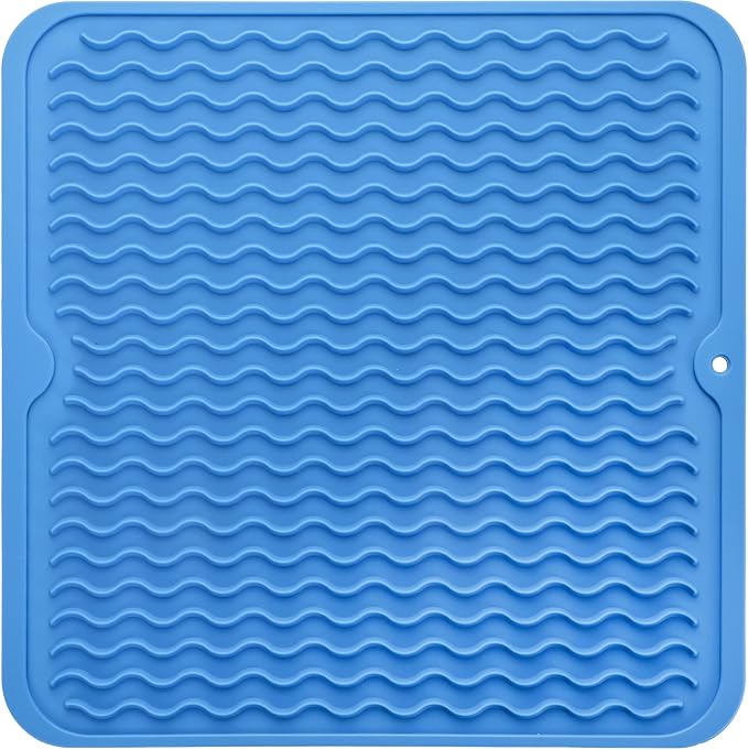 MicoYang Silicone Dish Drying Mat for Multiple Usage,Easy clean,Eco-friendly,Heat-resistant Silicone Mat for Kitchen Counter or Sink,Refrigerator or Drawer liner Lichen BlueL M 12 inches x 12 inches