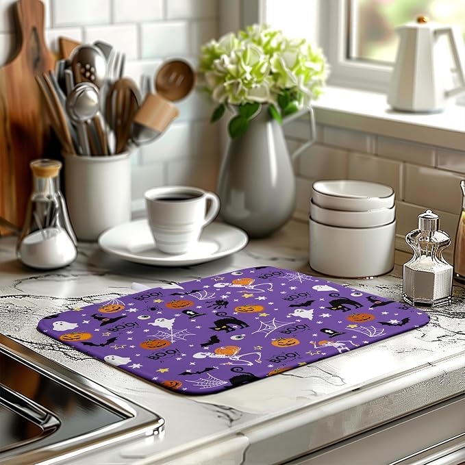 Halloween Dish Drying Mat for Kitchen Counter Cute Cat Boo Bats Skull Drying Mats Purple Fall Holiday Dishes Drying Pad Microfiber Absorbent Reversible Dish Drainer Rack Mat 16"x18"