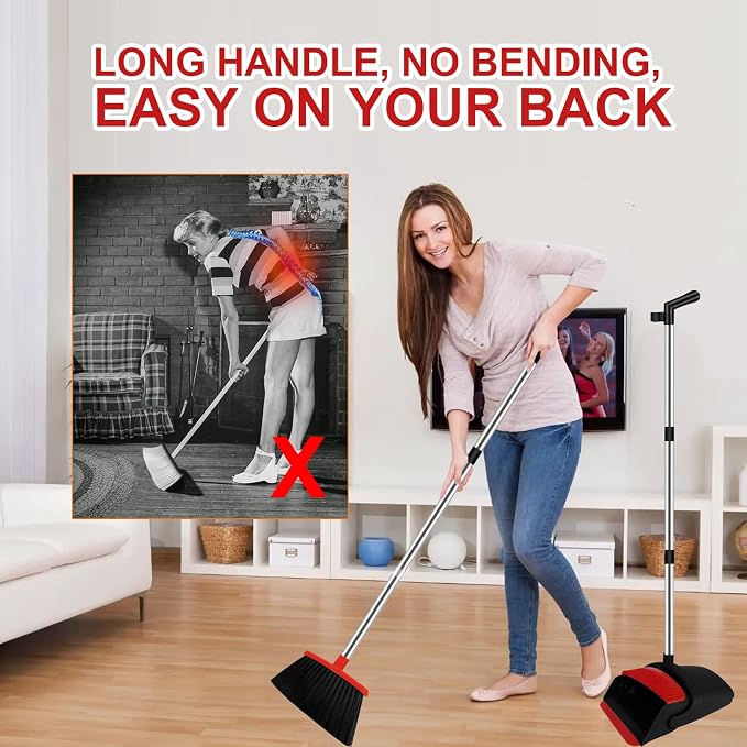 Red Broom and Dustpan Combo Set, 51" Long Handle Broom | Built-in Comb Dustpan for Pet Hair Removal, Foldable Upright Storage Design