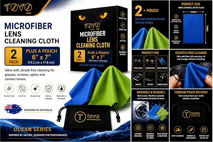 Microfiber Cleaning Cloth, 2 Pack + Velvet Pouch, 6"x7",230 GSM Thick Lens Cleaner for Glasses, Camera & Screens, Ultra Soft, Streak-Free, Lint-Free, Scratch-Safe- Ocean Series