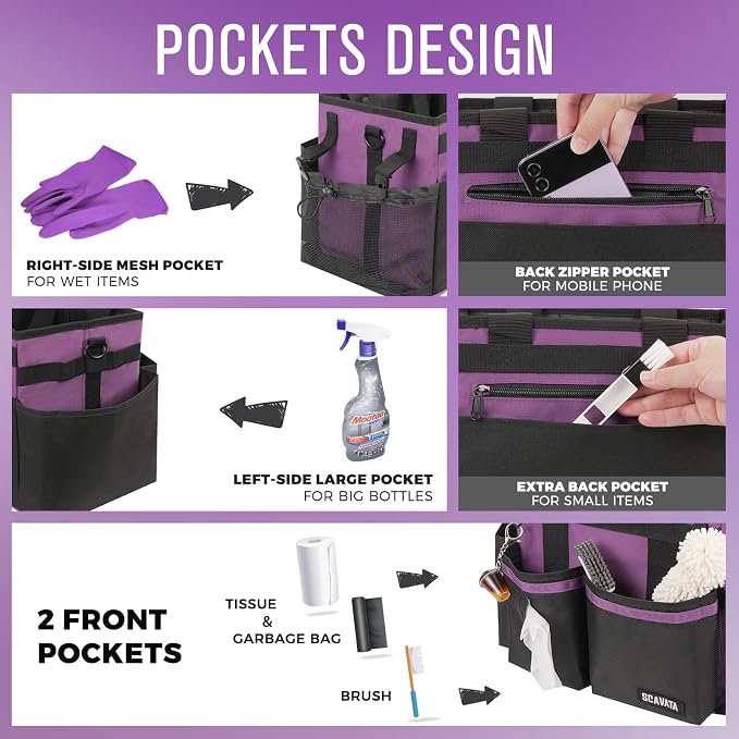SCAVATA Compact Wearable Cleaning Caddy with Handle & Shoulder Straps | Small Cleaning Supplies Organizer, Under Sink & Car Cleaning Tools Storage Bag for Housekeepers Cleaners, RoyalPurple