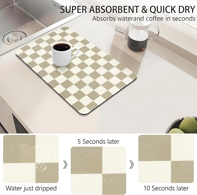 Dish Drying Mat for Kitchen Counter,11.8"x 18.9" Super Absorbent Kitchen Dish Drying Pad, Coffee Bar Mat with Rubber Backed, Coffee Bar Accessories for Countertop,Beige Checkered