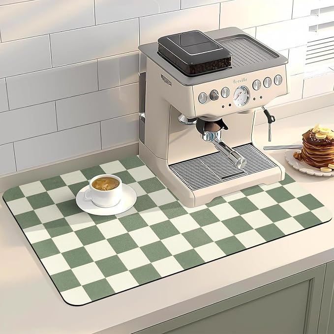 Dish Mat Drying Kitchen Mat, ,16"x 24" Super Absorbent Kitchen Dish Drying Pad for Countertop, Easy to Clean Drainer Mats with Non-slip Rubber Backed for Kitchen Counter,Green Checkered