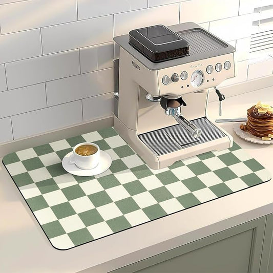 Dish Mat Drying Kitchen Mat, ,16"x 24" Super Absorbent Kitchen Dish Drying Pad for Countertop, Easy to Clean Drainer Mats with Non-slip Rubber Backed for Kitchen Counter,Green Checkered