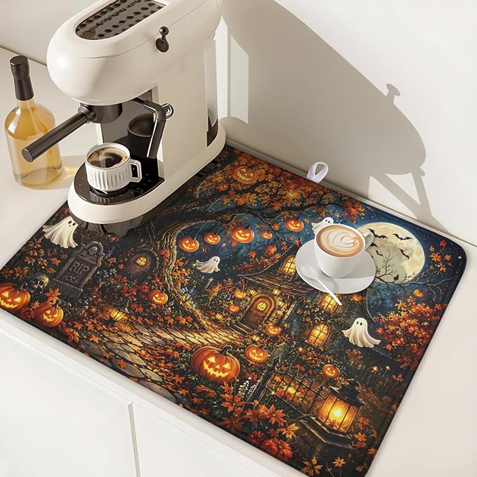 Halloween Dish Drying Mat for Kitchen Counter Seasonal Holiday Fall Spooky Pumpkin Ghost Microfiber Dish Drainer Mat Vintage Rustic Absorbent Washable Drying Pad 18"x24"