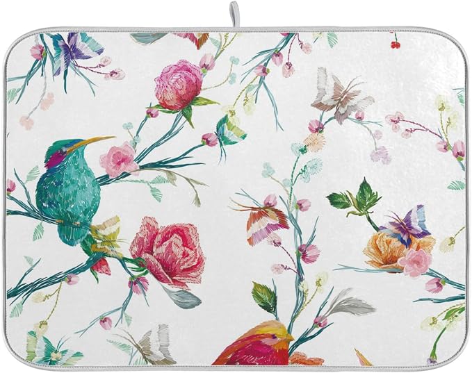 Absorbent Dish Drying Mat for Kitchen Counter - Watercolor Flowers and Birds Microfiber Drying Pad, Reversible Drainer Mats for Countertop, Lager 18 x 24 inch