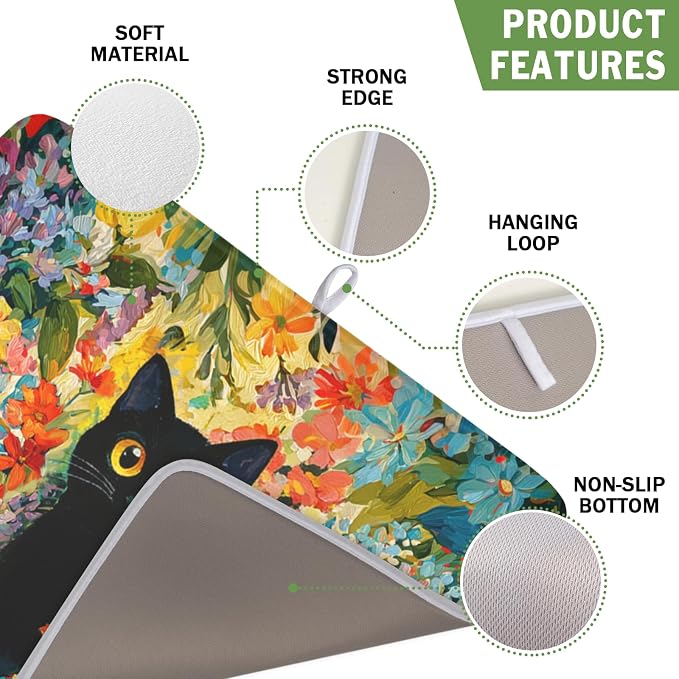 Spring Summer Floral Cat Dish Drying Mat for Kitchen Counter Abstract Oil Painting Wildflower Microfiber Dish Drainer Mat Rustic Absorbent Washable Drying Pad 16"x18"