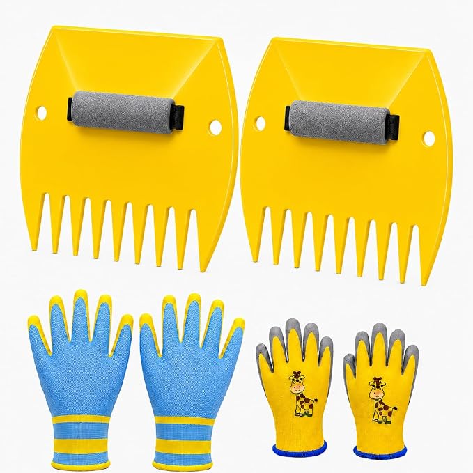Leaf Scoops Hand Rakes, Leaf Claws & Leaf Grabbers for Yard Work with Adult & Kids Garden Gloves, Soft Handle Covers, Family Yard Cleanup Kit for Leaves and Grass Clippings