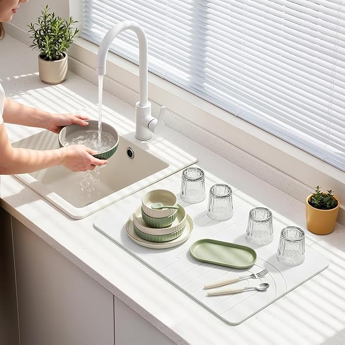 Luxspire Large Stone Drying Mat for Kitchen Counter 24"x16"- Fast-Absorbing Dish Drying Mat Non-Slip Stone Dish Drying Mat for Dishes, Cups Waterproof Counter Protector for Kitchen Bathroom, White