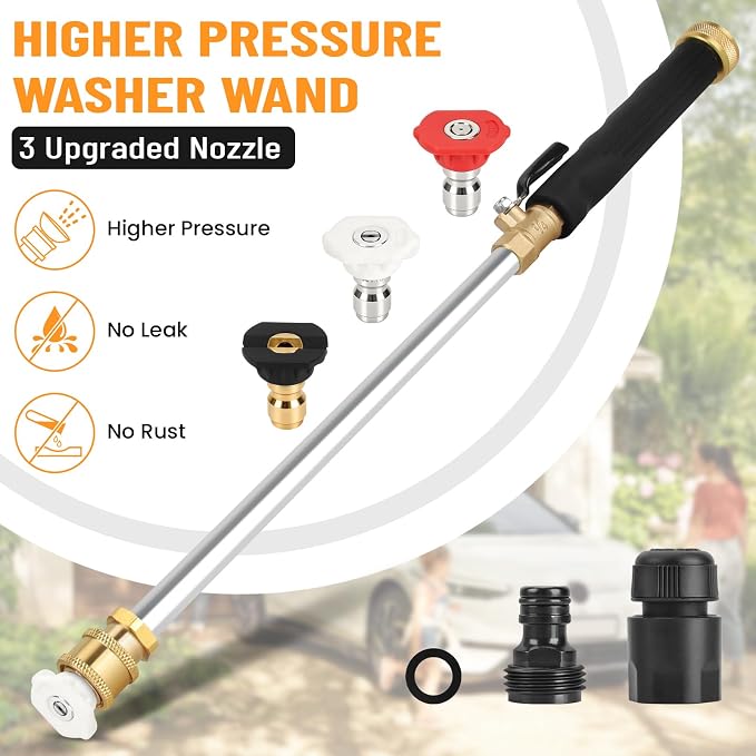 2026 Upagraded Jet Nozzle Power Washer for Garden Hose, Pressure Washer Wand with 3 Different Nozzles and Hose Quick Connectors for Car, Patio,Pet,Window, Black