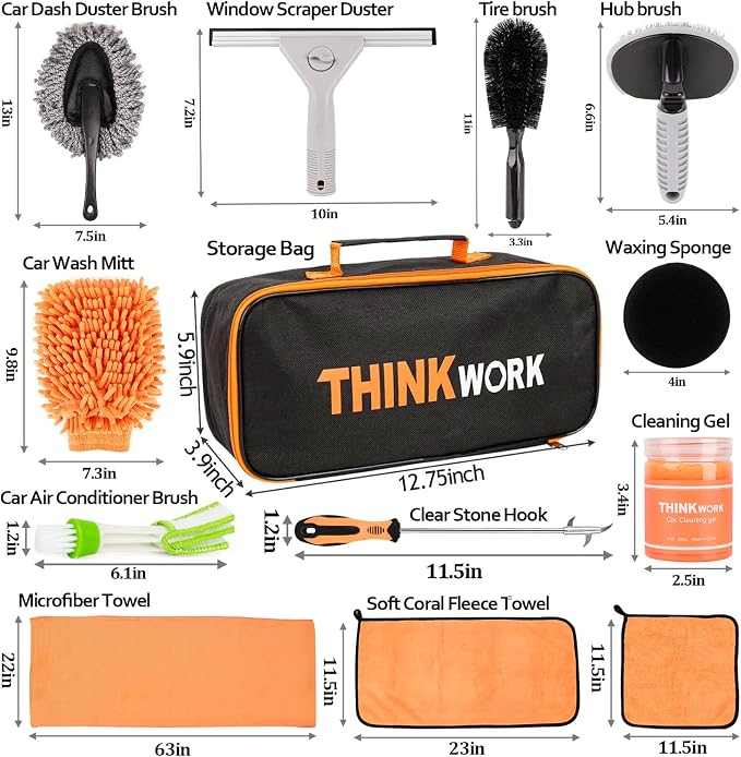 THINKWORK Car Detailing Kit, Microfiber Cleaning Tools with Storage Bag | Scratch-Proof Microfiber, 17Pcs Complete Set, Fits Most Vehicles, Dual Interior & Exterior Use, Orange, Ideal Gift