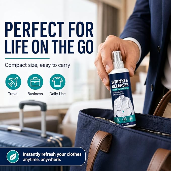 Wrinkle Release Spray Travel Size, Travel Wrinkle Release Spray, No Iron Needed, Fabric Freshener, Anti‑Static, 3.38oz Leak‑Proof Bottle for Clothes, Linens & Upholstery (2pcs)