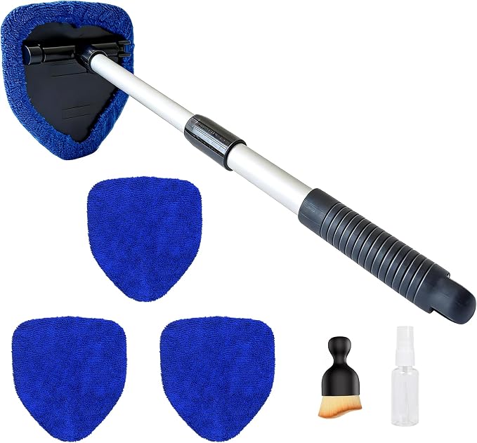 Microfiber Car Windshield Cleaning Tool with Extendable Handle,Car Defogging Glass Cleaning Brush with 4 Reusable Microfiber Pads 1 Spray Bottle and 1 Car Dust Removal Brush. (Blue)