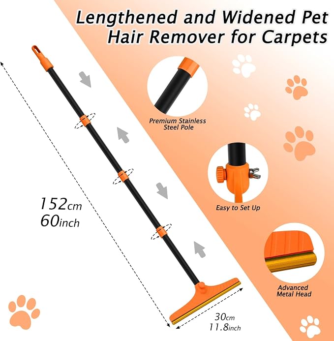 Eaersan Carpet Rake for Pet Hair Removal - Reusable Pet Hair Remover, 60” Adjustable Long Handle Cat Dog Carpet Rake Scraper, Dog Hair Rake Brush for Rugs, Mats, Couch