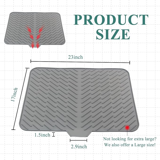 Silicone Dish Drying Mat for Kitchen Counter,23"X17" With Built-in Drain Lip,Food-Grade Silicone,Heat-Resistant Eco-friendly Hygienic Drying Mat Leak-Proof and Non-Slip,Multi-Functional Use（Gray）