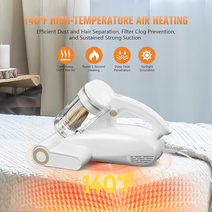 Bed Vacuum Cleaner Mattress Vacuum Cleaner,16Kpa Powerful Handheld Vacuums with UV-C Light & Double Dust Cup & High Heating & Ultrasonic & HEPA Filter for Bed Sofa(Corded,Frost White)