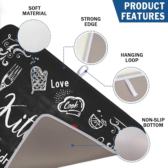 Kawani Black Coffee Bar Dish Drying Mats for Kitchen Counter 18x24 Inch, Kitchen Drying Mat, Kitchen Coffee Bar Dishes Pad Dish Drainer Rack Mats Absorbent Fast Dry Kitchen Accessories Square