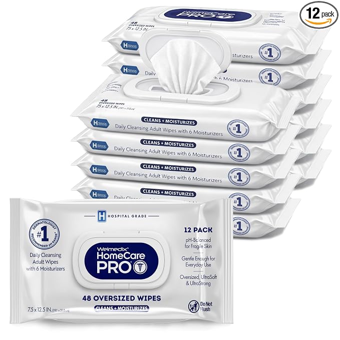 Welmedix Adult Bathing Wipes - Oversized No Rinse Bath Wipes | 6 Moisturizers - Hospital Grade Daily Cleansing Disposable Washcloths for Fragile Skin - XL 7.5” x 12.5” - 48 Count, 12 Pack