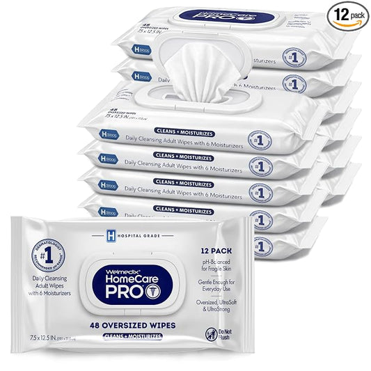 Welmedix Adult Bathing Wipes - Oversized No Rinse Bath Wipes | 6 Moisturizers - Hospital Grade Daily Cleansing Disposable Washcloths for Fragile Skin - XL 7.5” x 12.5” - 48 Count, 12 Pack