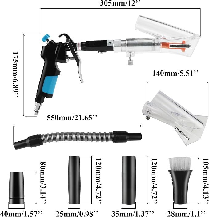 2in1 Car Cleaning Gun Detailing Dry Air Blow Gun & Vacunm Gun for Car | Multi-Purpose Vortex Air Cleaning Tool Detachable Sprinkler Head for Quickly Blasts Dirt from Surface with Air Compressor