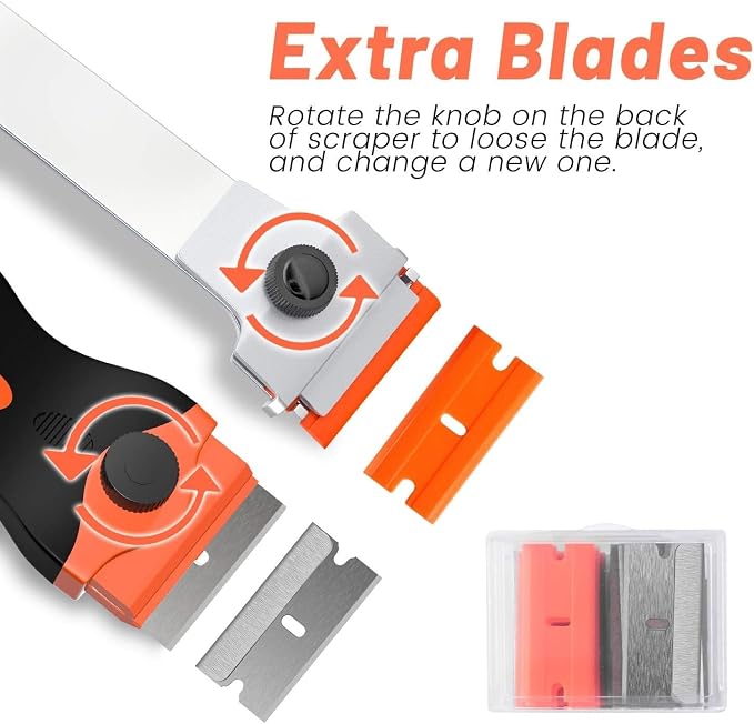 DEKEones Razor Blade Scraper Tool Set, 9 Pack Razor Scraper with 30 Plastic & 30 Metal Blades, Non Scratch Plastic Scrapers Tool for Stickers Label Grout Removal