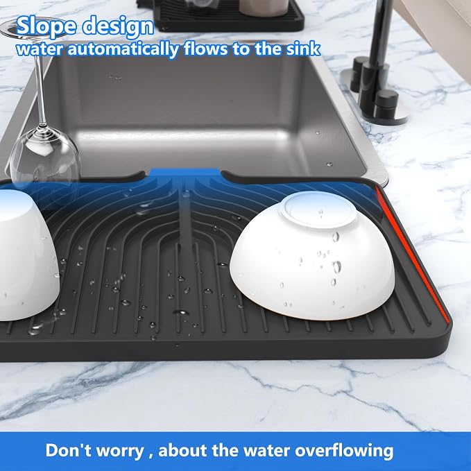 Dish Drying Mat for sink with a bulged edge,18"×12"Silicone Self-Draining | Various sizes and colors,Self-Draining Slope Structure,Enabling faster drying,Heat-Resistant,Easy to clean,Food-grade