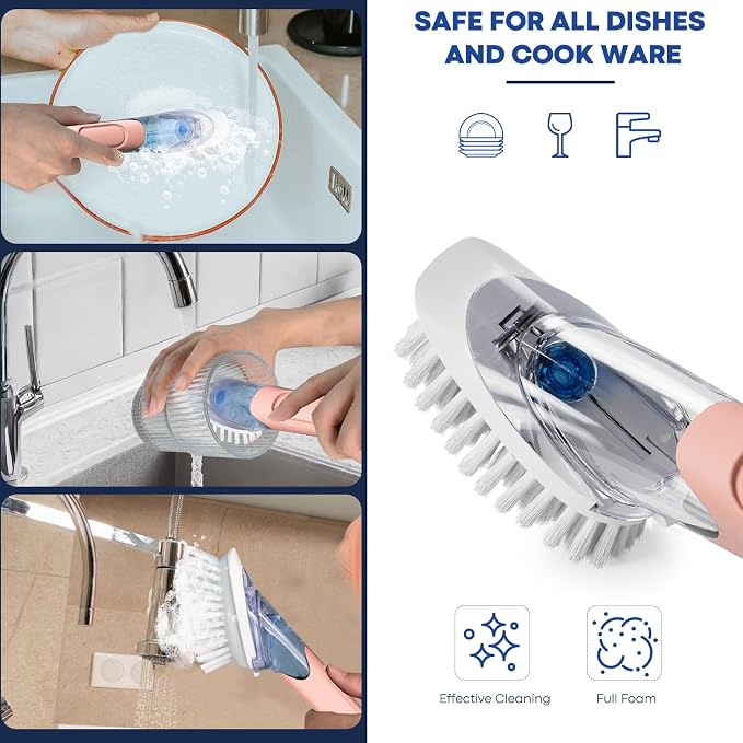 Soap Dispensing Replacement Dish Brush with 2 PCS Brush Refills & Holder | RIMAY Dispenser Scrub Cleaning Scrubber Kitchen Dishwashing Dish Wand Handle for Dishes/Pans/Pots/Sink(Pink)