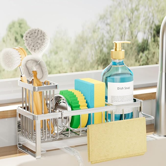 SWTYMIKI Sponge Holder for Kitchen Sink - Sink Caddy with Brush Holder Self-draining Sponge Caddy Organizer with Divider Stainless Steel Kitchen Accessories Storage for Countertop, Silver