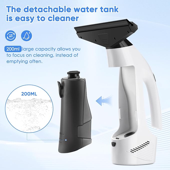 Window Vacuum Squeegee Cordless, 2000Pa Electric Rechargeable Window Cleaner with 200ml Water Tank, Cleaning Kit with Spray Bottle & Microfiber Pad for Glass, Mirror, Shower Door, Car Windshield