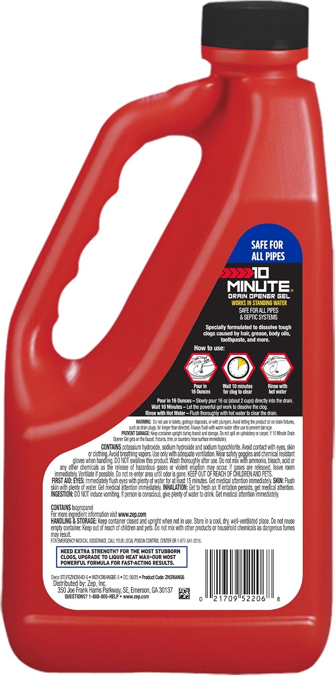 Zep 10 Minute Drain Opener Gel 64 oz (Case of 6) ZHCR64NG - Commercial Strength, Fast Acting and Safe For All Pipes