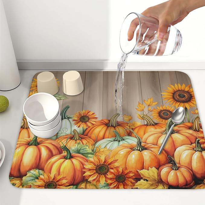 Fall Orang Pumpkin Dish Drying Mat for Kitchen Counter 16 x 18 Inch Autumn Sunflower Dish Drainer Mat Absorbent Microfiber Thanksgiving Wooden Dish Rack Pad for Coffee Dining Bar Decor
