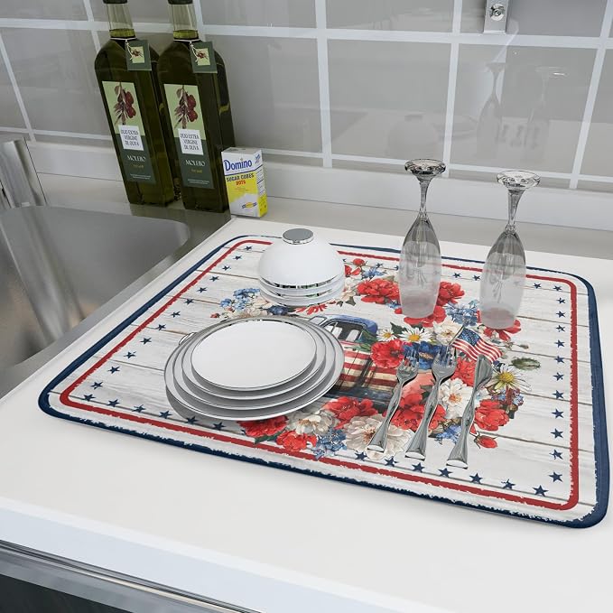 Patriotic Truck Dish Drying Pad 4th of July Drying Mat for Kitchen Counter Coffee Bar Sinks 18 X 24 Inch