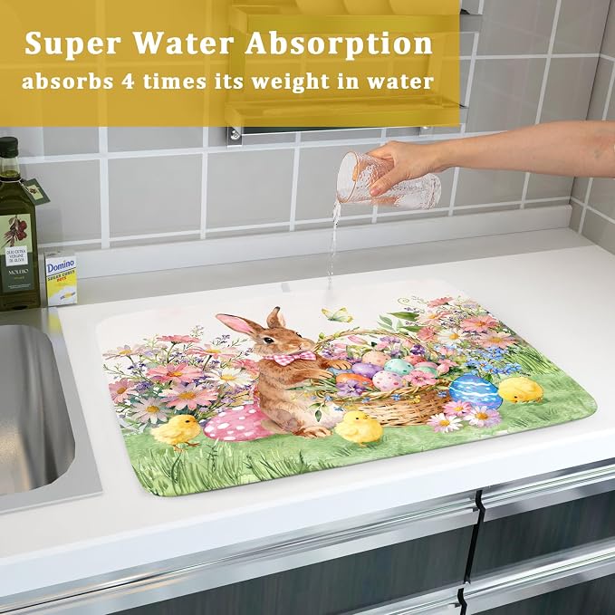 Easter Rabbit Eggs Dish Drying Mat for Kitchen Counter 18x24 Inch Spring Flowers Large Microfiber Dish Drainer Rack Mats