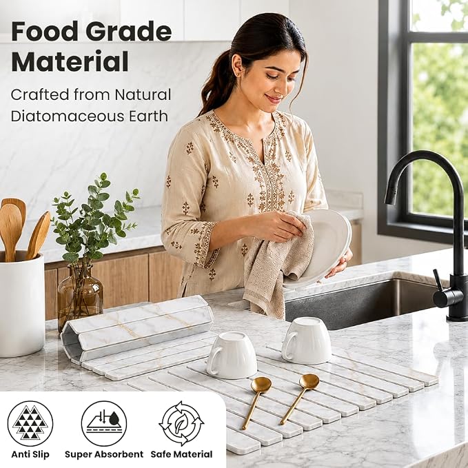 Large Stone Dish Drying Mat for Kitchen Counter, Foldable & Super Absorbent Diatomaceous Earth Drying Pad for Dishes, Cups, Bottles with Anti-Slip Mesh & Quick Dry (White Marble 24"L x 16"W)