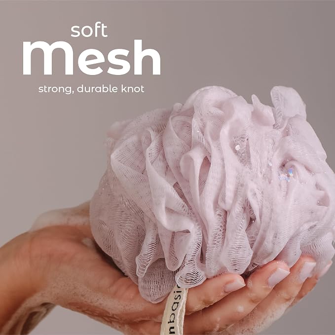 MainBasics Shower Loofah Sponge Pouf, Set of 3, Perfectly Pink | Soft Mesh Body Scrubber and Bath Sponge for Gentle Exfoliation, Rich Lather, and Everyday Shower Use