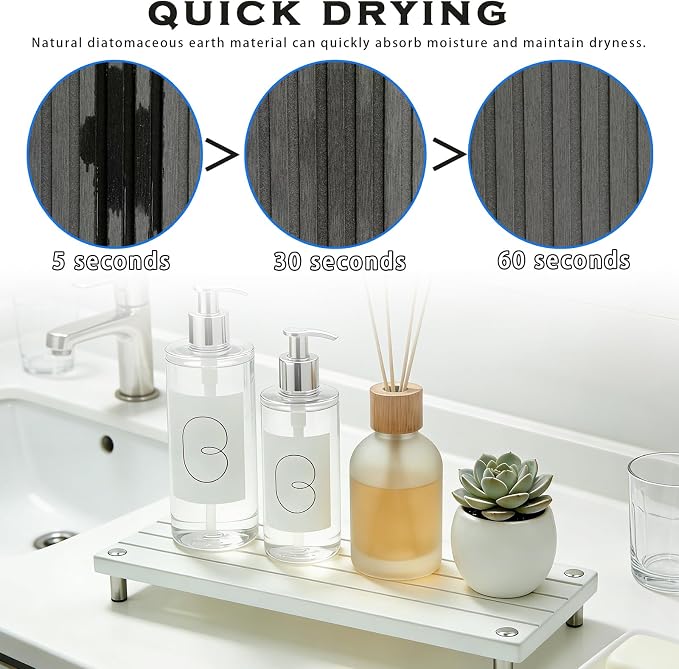 Durable Kitchen Sink Organizer, Instant Dry Sink Caddy for Bathroom Counter, Diatomite Stone Drying Tray, Upgrade Water Absorbing Stone Tray for Sink, Anti-Slip Stone Soap Tray -White