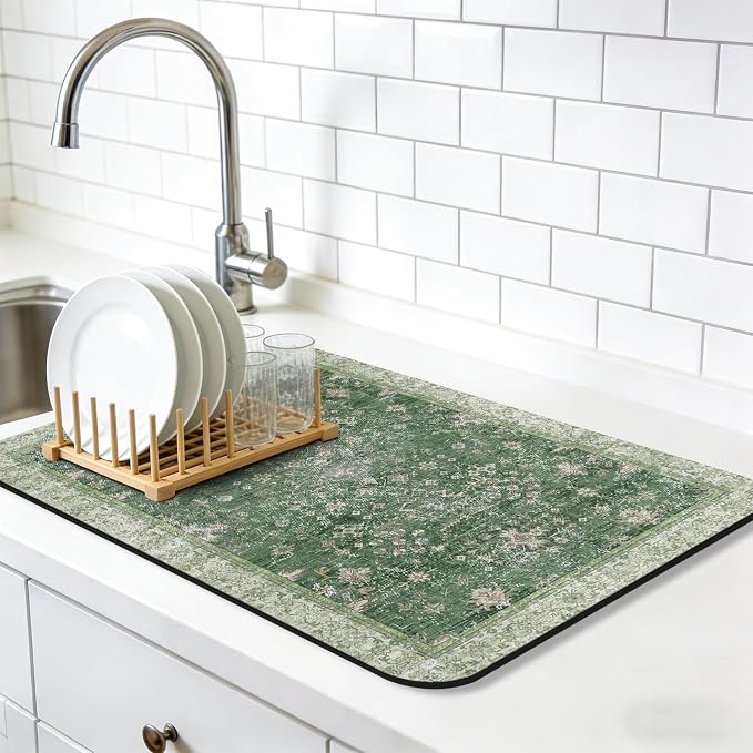 Dish Drying Mat, Vintage Rustic Boho Kitchen Dishes Absorbent Pad, 16x18in | Eco-friendly diatomite with non-slip rubber backing. Super absorbent mat for kitchen counters, coffee bars & sinks