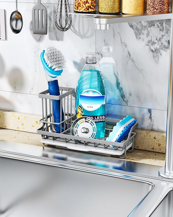 Consumest Sponge Holder for Kitchen Sink - Kitchen Sink Caddy Organizer with Removable Drip Tray for Countertop Dish Soap Dispenser Brush Storage Accessories 304 Stainless Steel, Grey