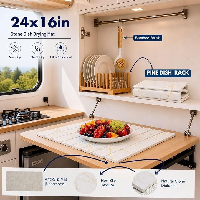 Dish Drying Mat, Large Stone Dish Drying Mat for Kitchen Counter 24" x 16", Foldable Diatomite Drying Stone Counter Mat with Non-Slip Base, Foldable Quick Dry Dish Drying Mats【White】