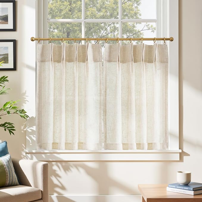 jinchan Linen Pinch Pleated Back Tab Tier Curtains,26x30,2 Panels,Natural | Light filtering,small window treatment,cafe curtains,machine washable,farmhouse,kitchen,bathrooms,laundry