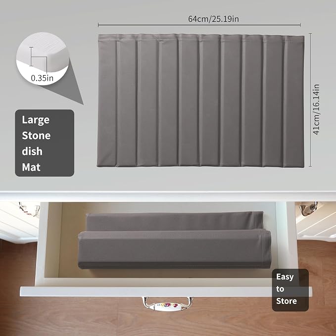 JUKER Large Stone Dish Drying Mat 24 x 16 Inches Dark Gray Kitchen Pad | Removable PU leather cover, glue-free core, foldable quick dry, multi-use kitchen & pet drying pad