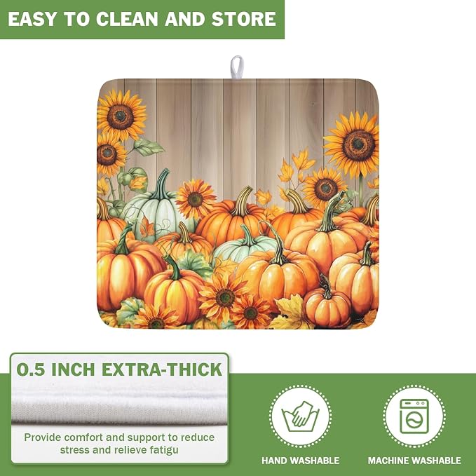 Fall Orang Pumpkin Dish Drying Mat for Kitchen Counter 16 x 18 Inch Autumn Sunflower Dish Drainer Mat Absorbent Microfiber Thanksgiving Wooden Dish Rack Pad for Coffee Dining Bar Decor