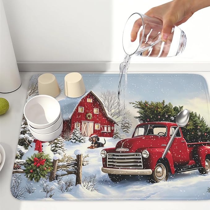 Giwawa Red Truck Dish Drying Mat Winter Xmas Tree Drainer Rack Pad 18"x24" Microfiber Absorbent Quick Dry Dish Sink Mat for Table Kitchen Counter