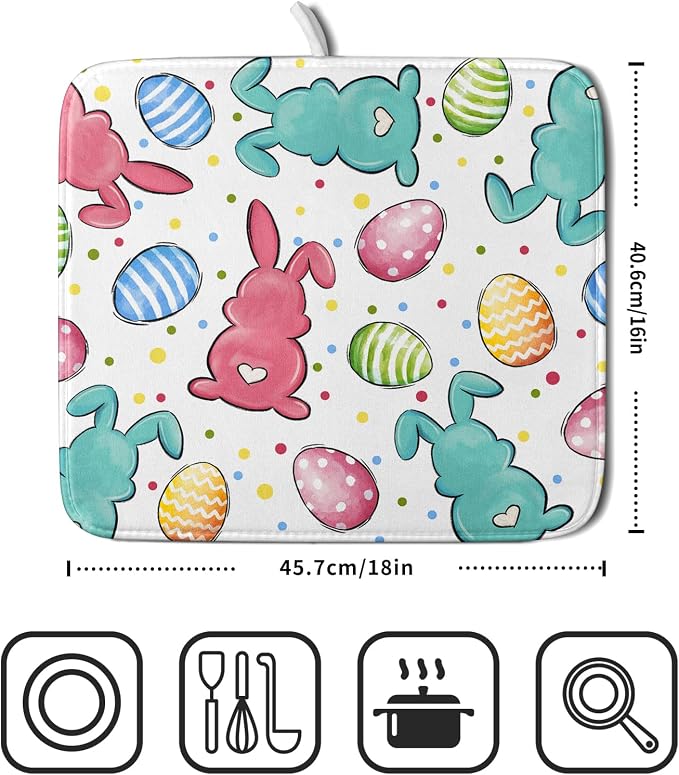 Easter Dish Drying Mat for Kitchen Counter Colorful Bunny Holiday Microfiber Absorbent Dish Draining Reusable Washable Foldable 16"x18"